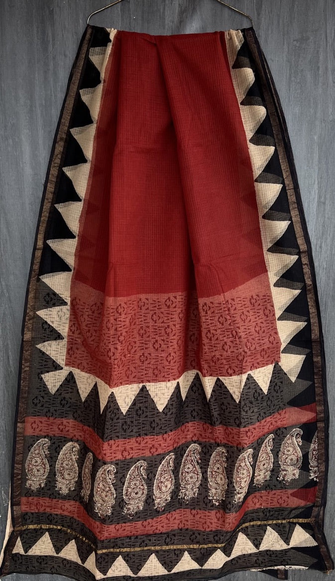 A101- Kota Doria Saree- Red and black