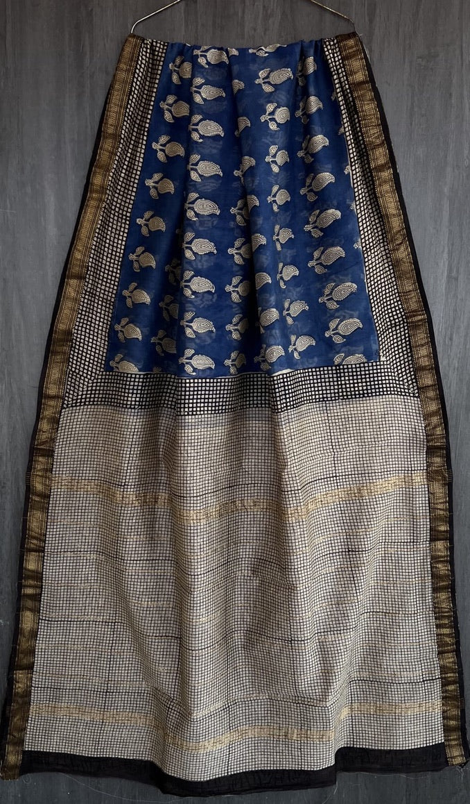 A83- Navy blue and black mango Maheswari silk saree