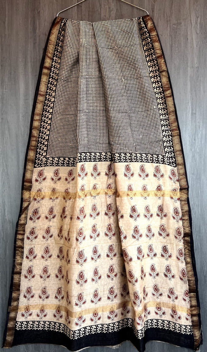 A84- Black and Cream Maheswari silk saree