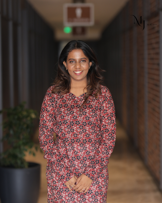 Maroon and Blue Floral Print Pure Cotton- A Line Kurti