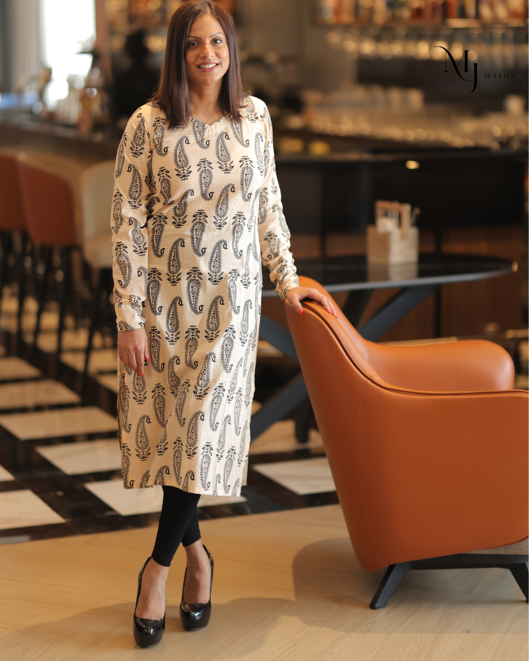 Cream and Black Mango Design Kurti
