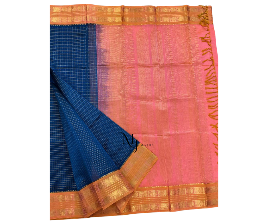 A22- Blue and Peach Silk Cotton Saree - Majos