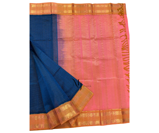 A22- Blue and Peach Silk Cotton Saree - Majos