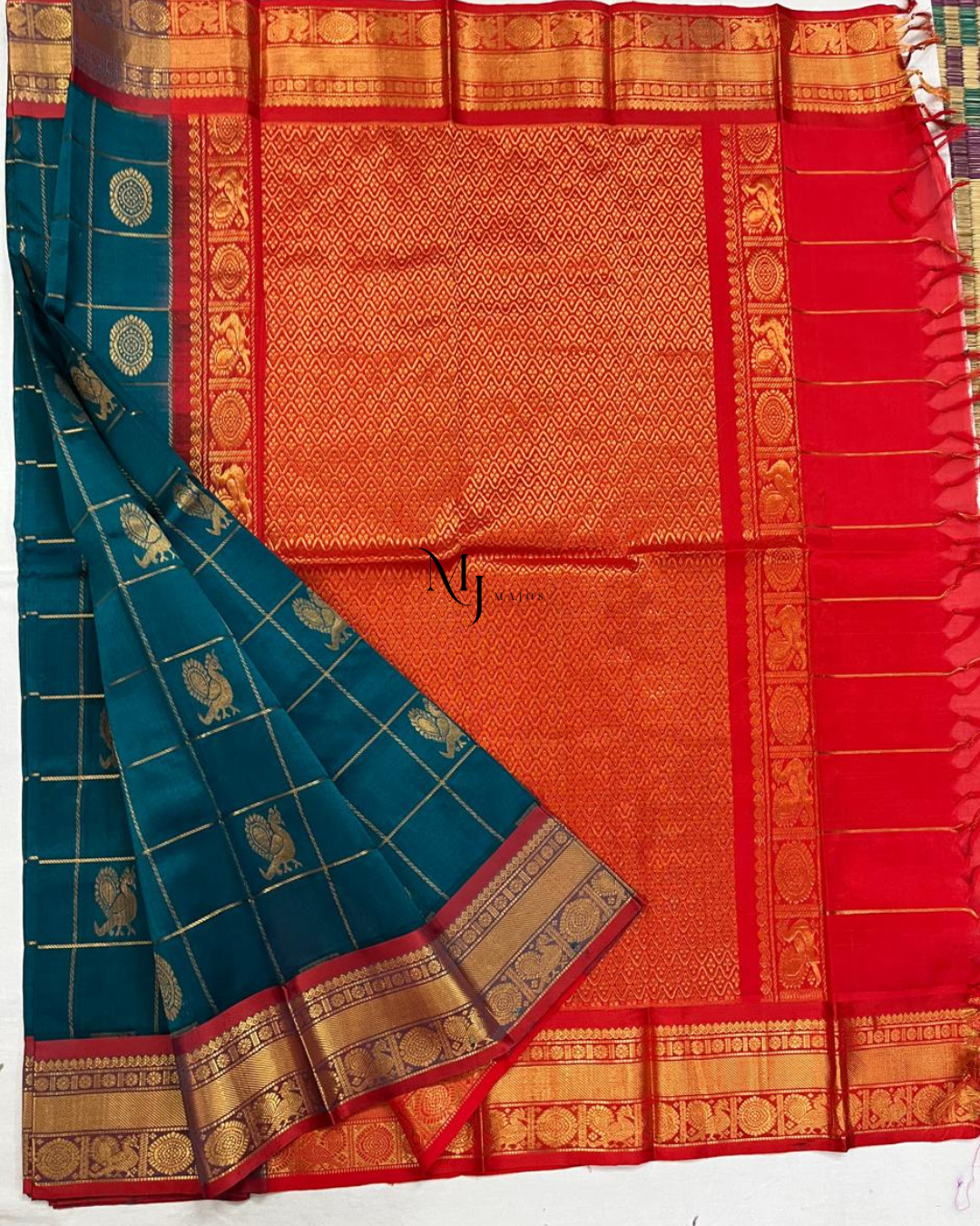 A26- Blue and Red jari kattam Silk Cotton Saree - Majos
