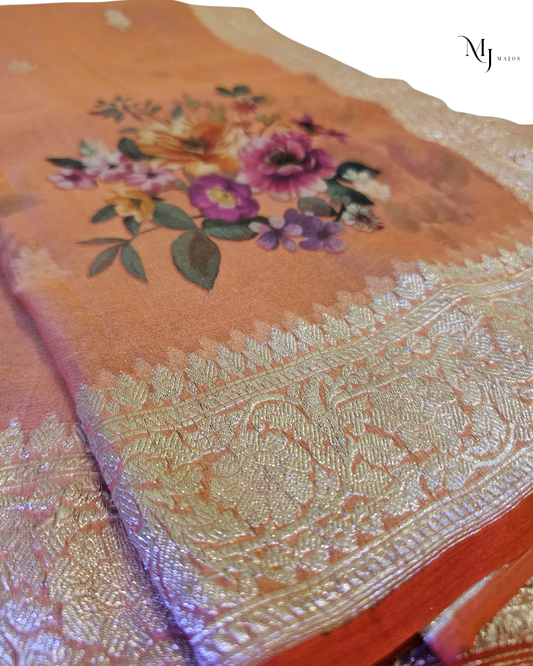 Brown floral pure khaddi chiffon
