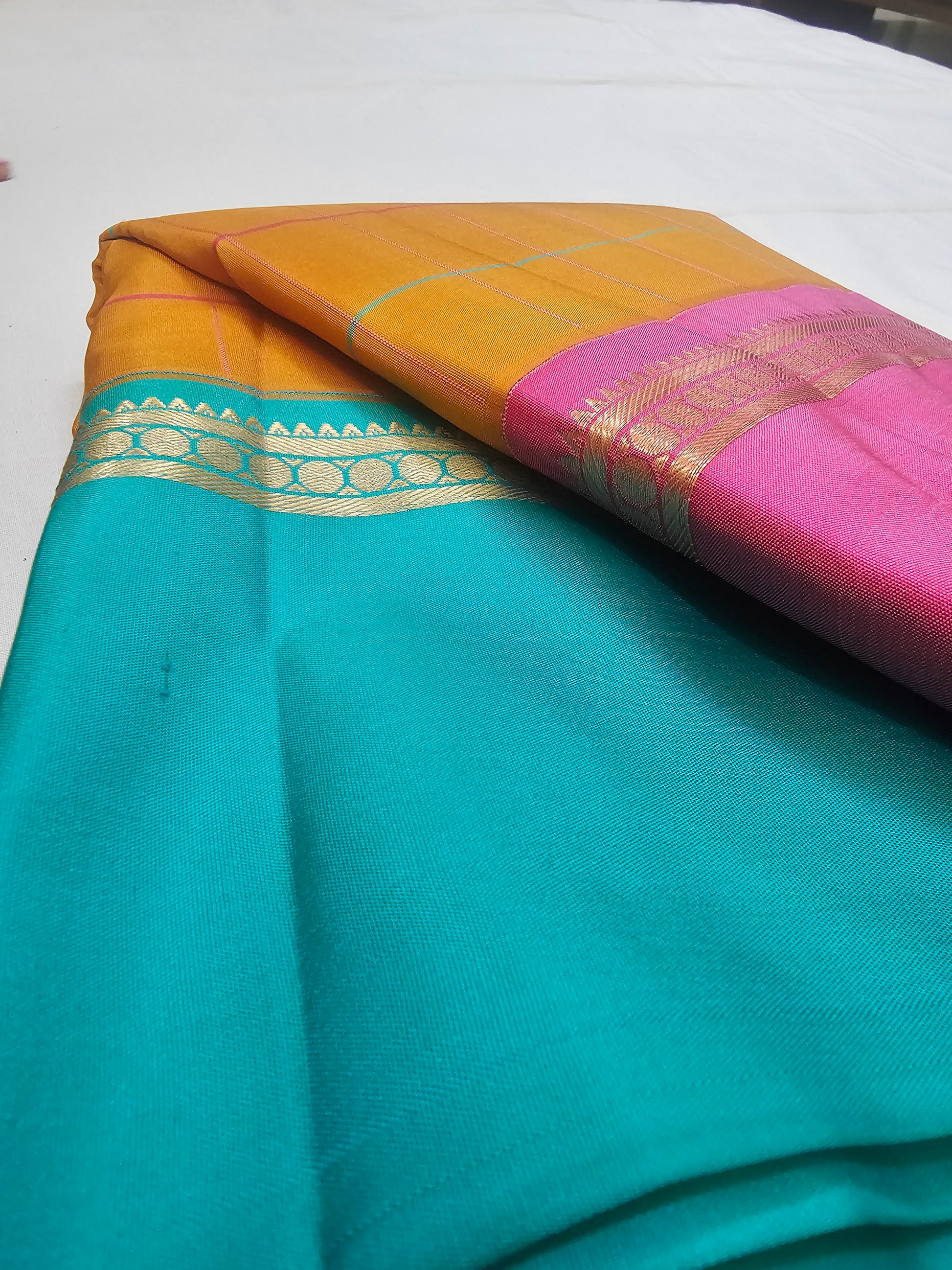 A4- Mustard colour body- ganga jamuna border pure soft silk saree - Majos