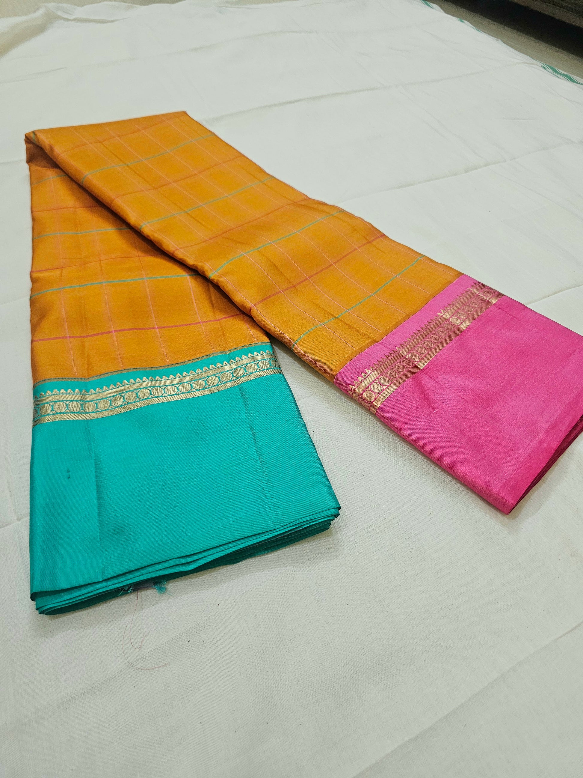 A4- Mustard colour body- ganga jamuna border pure soft silk saree - Majos