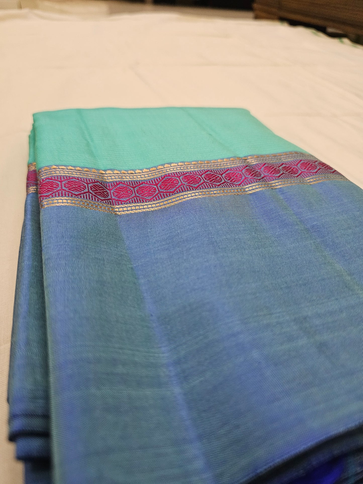 A5- sea green and dark blue pure soft silk saree - Majos