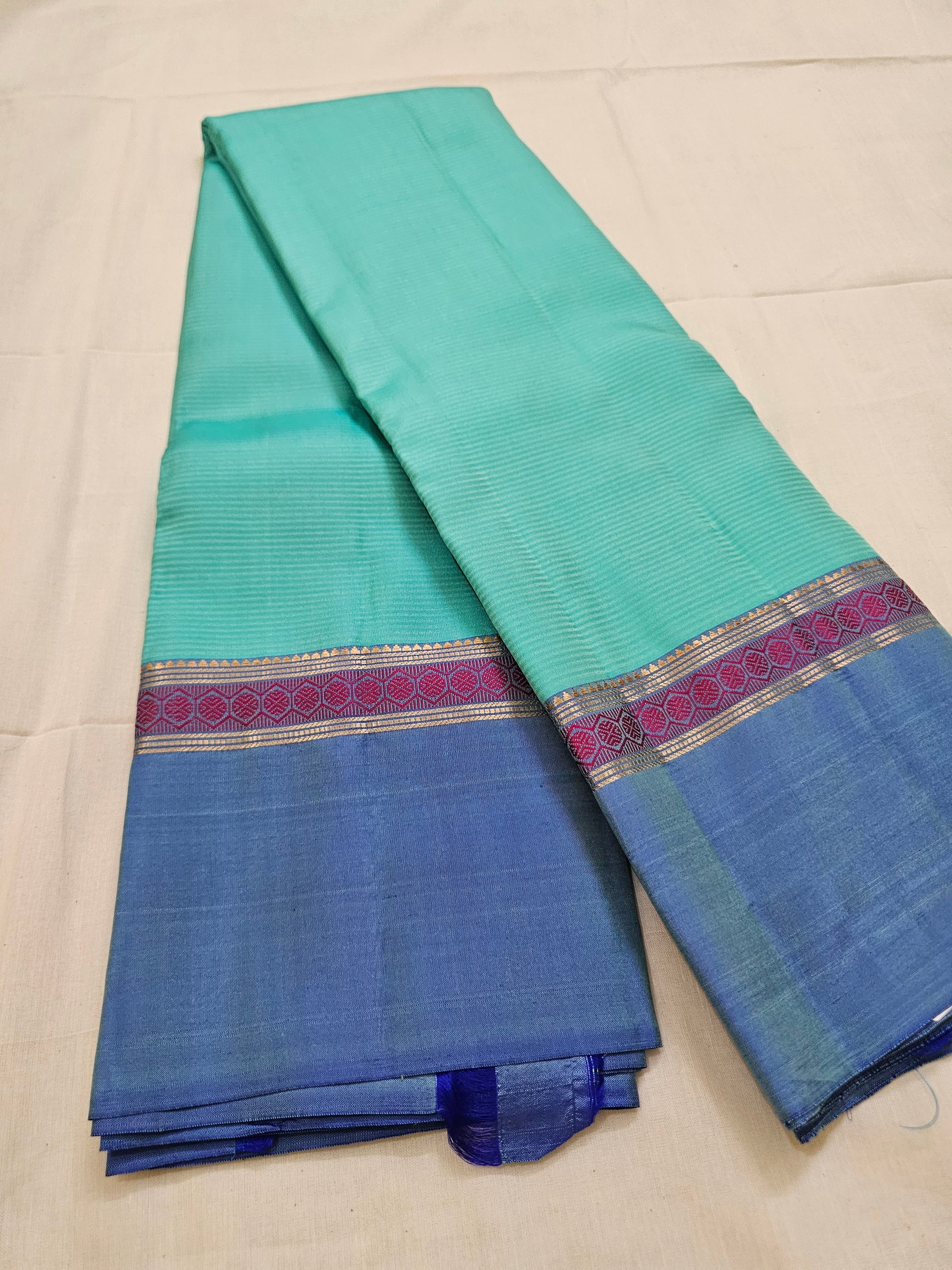 A5- sea green and dark blue pure soft silk saree - Majos