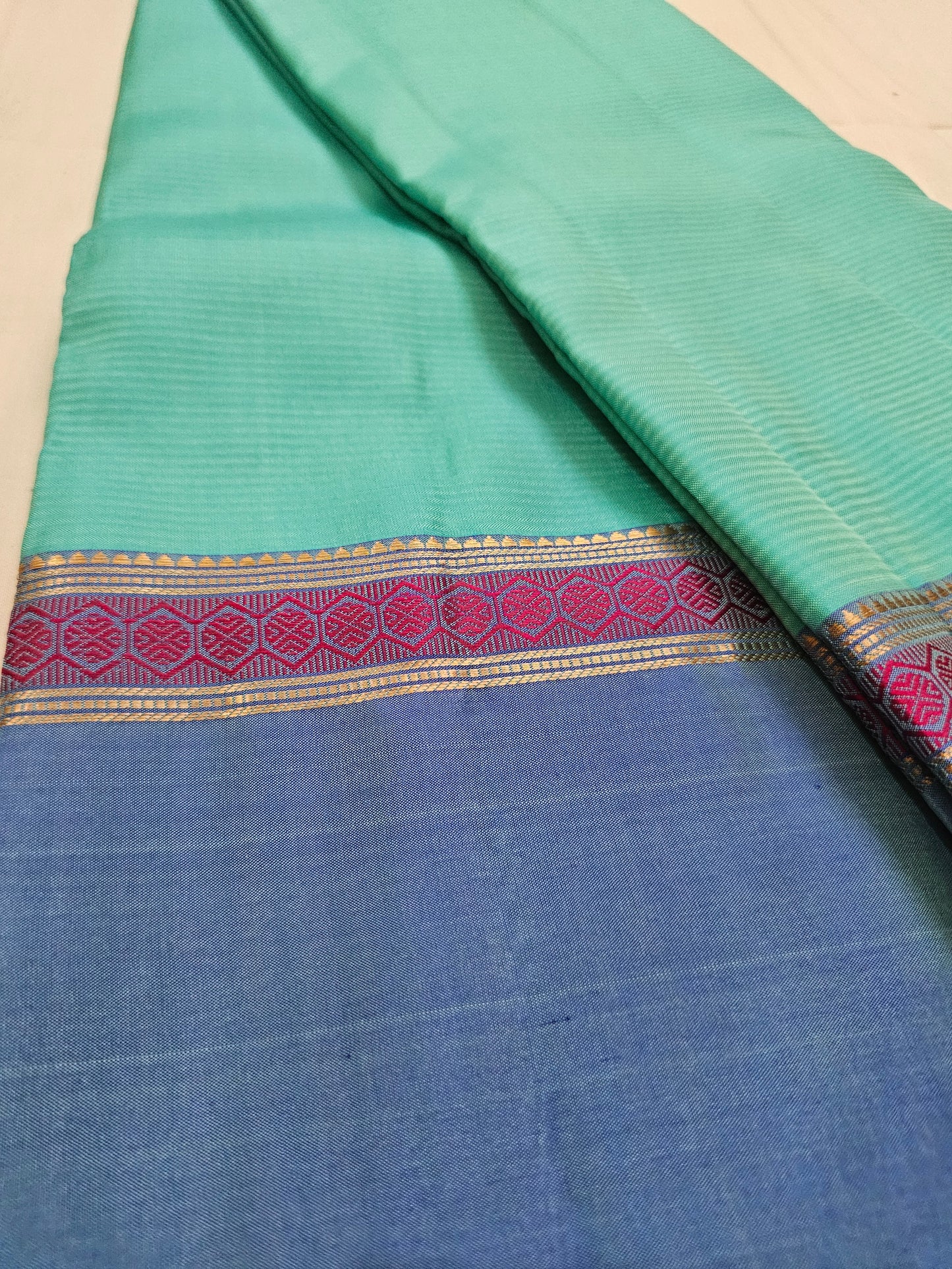A5- sea green and dark blue pure soft silk saree - Majos