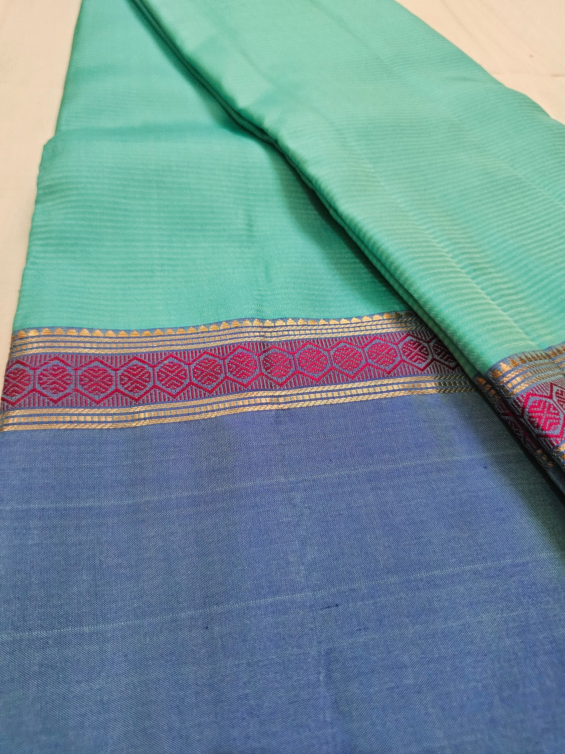 A5- sea green and dark blue pure soft silk saree - Majos