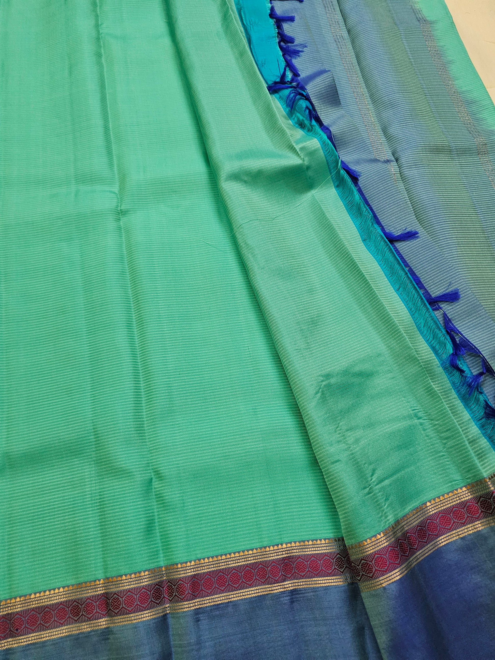 A5- sea green and dark blue pure soft silk saree - Majos
