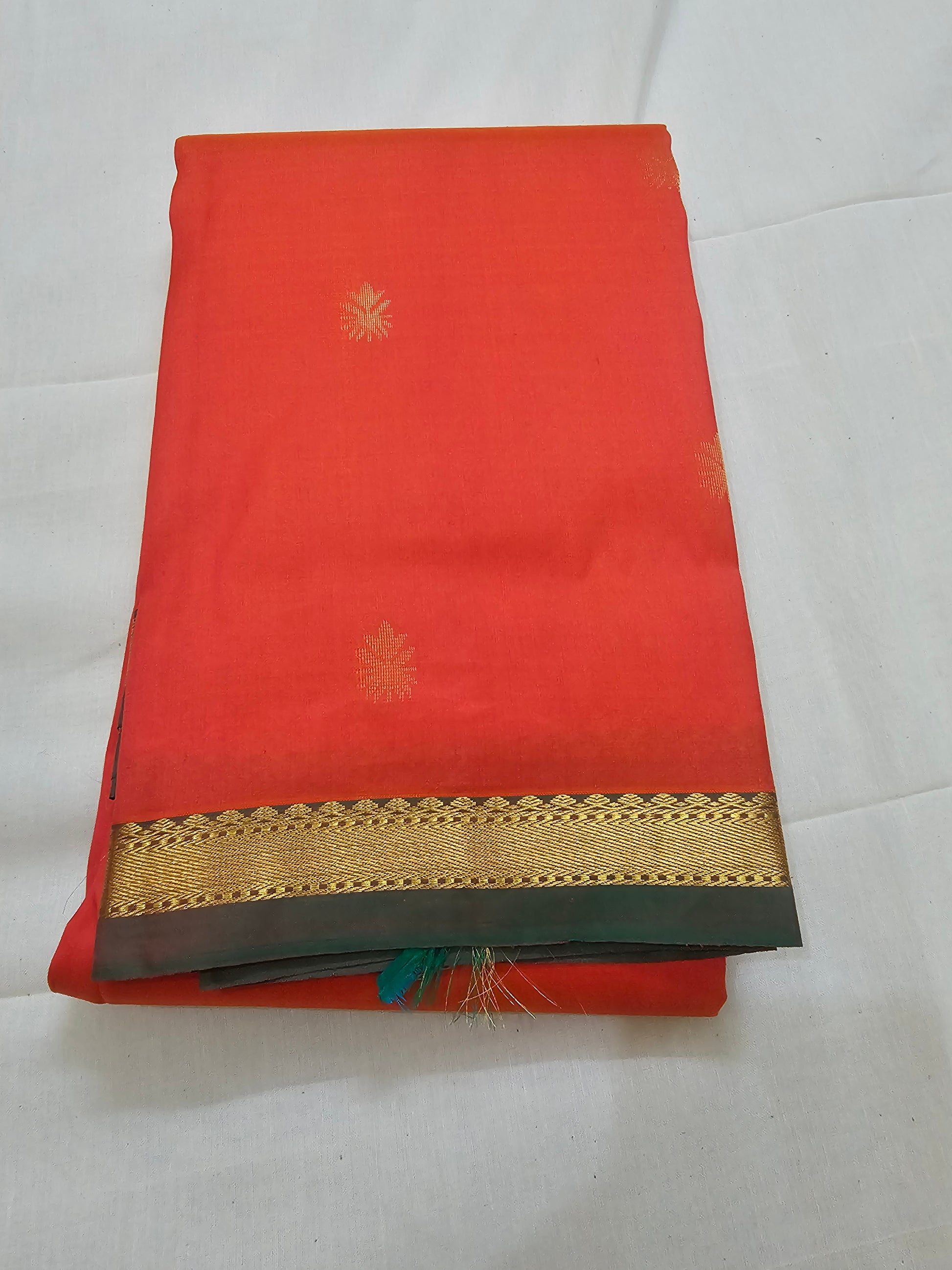 A18- Orange and green small border saree - Majos