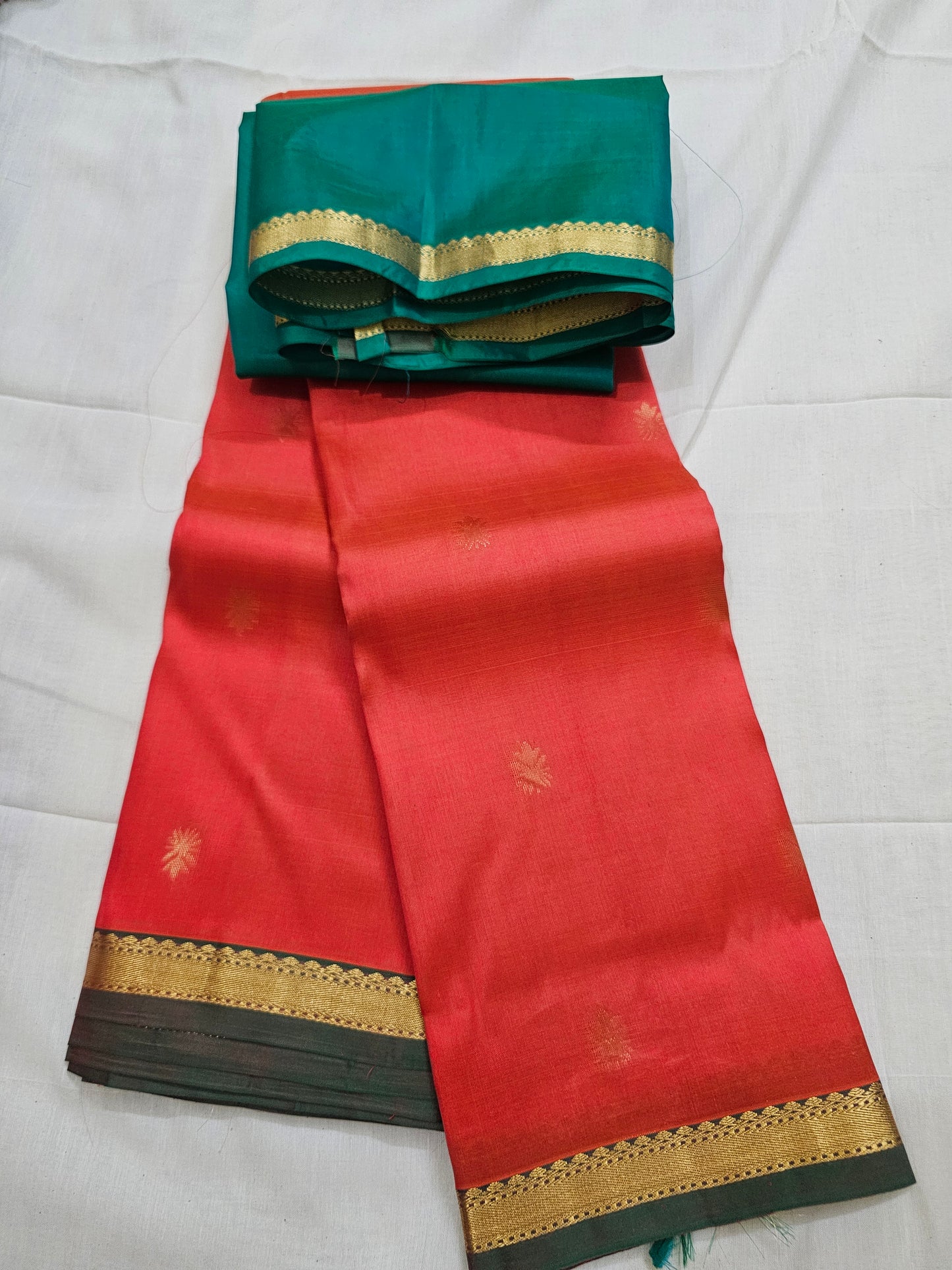 A18- Orange and green small border saree - Majos
