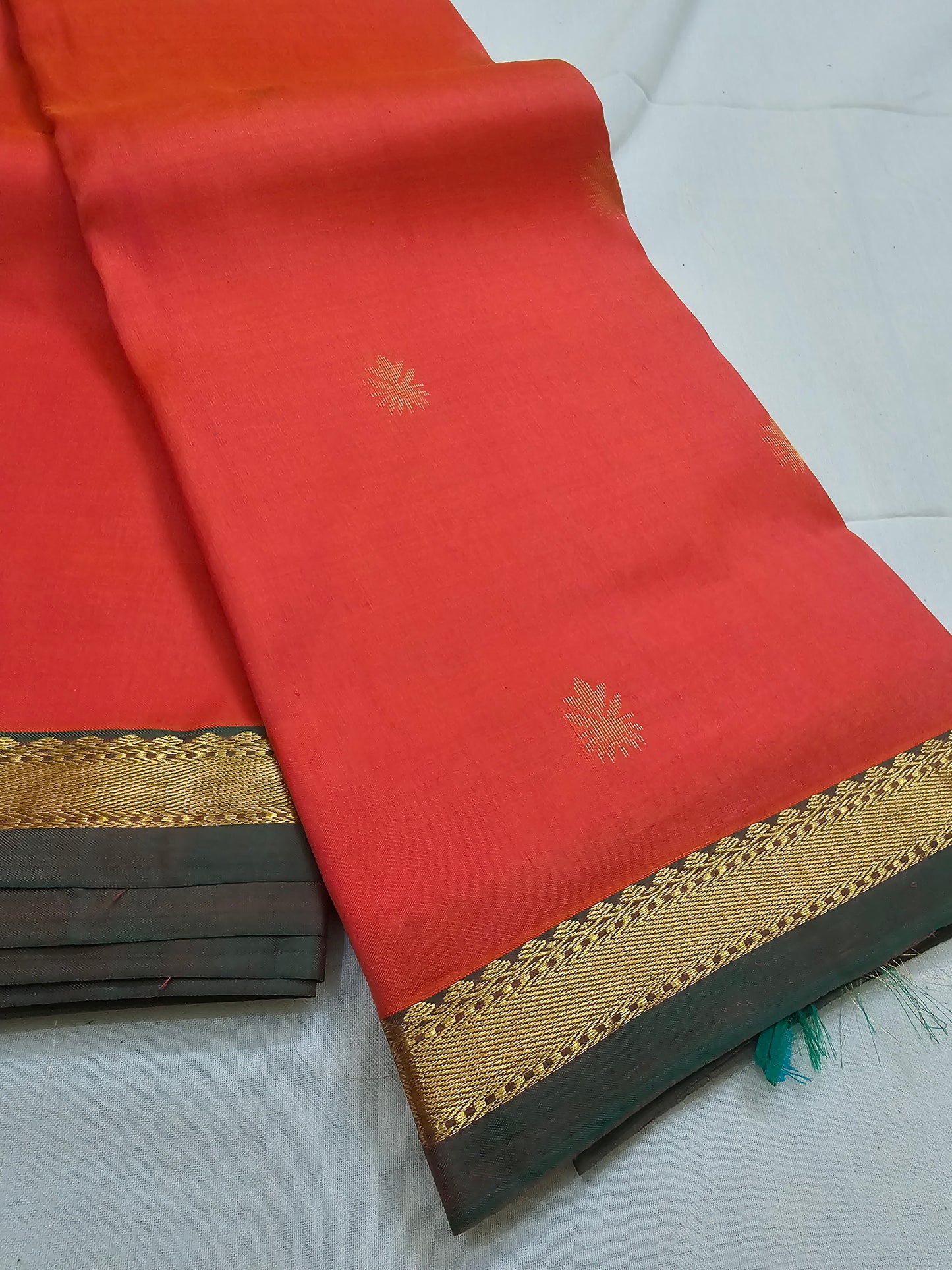 A18- Orange and green small border saree - Majos