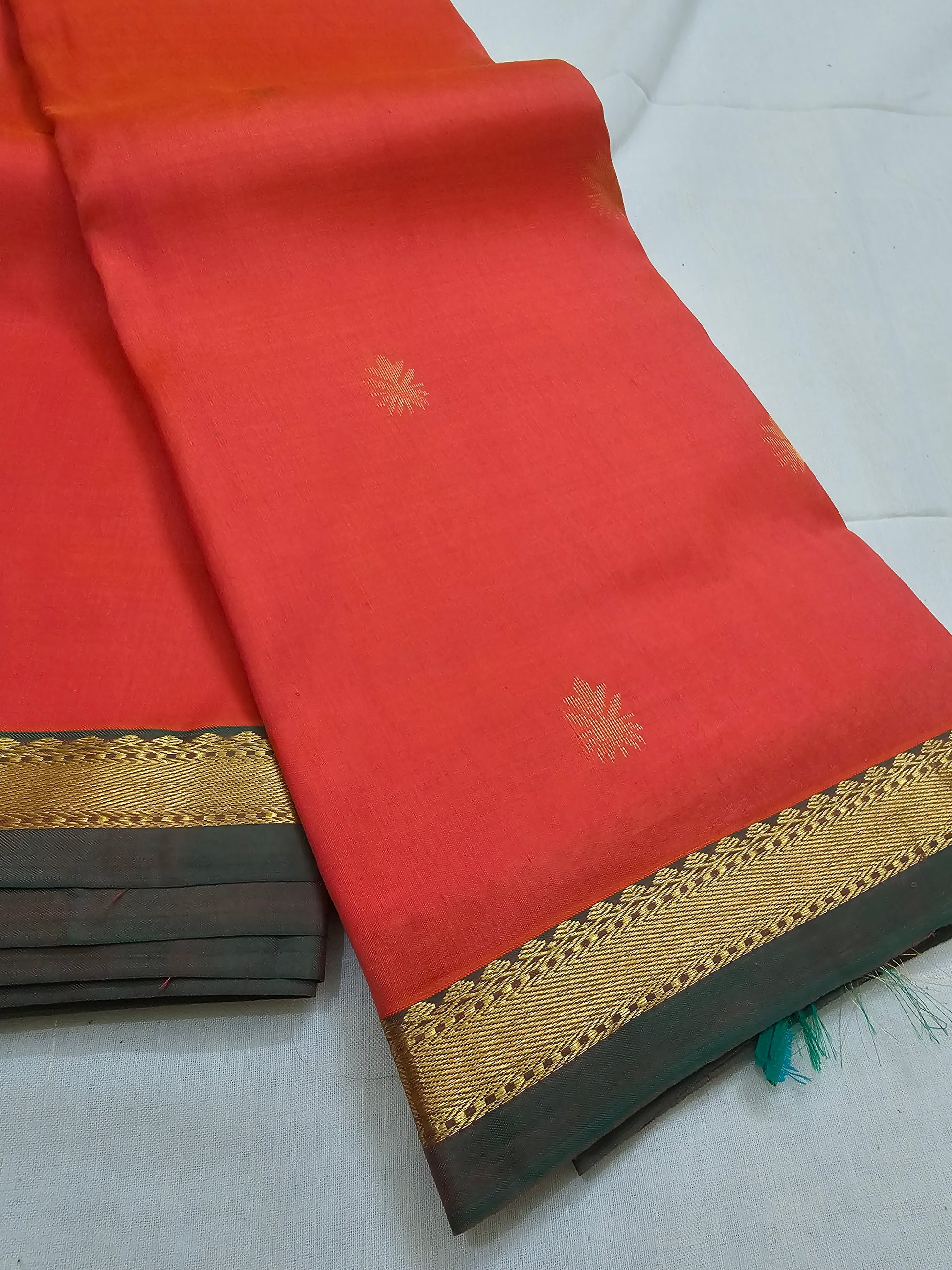 A18- Orange and green small border saree - Majos