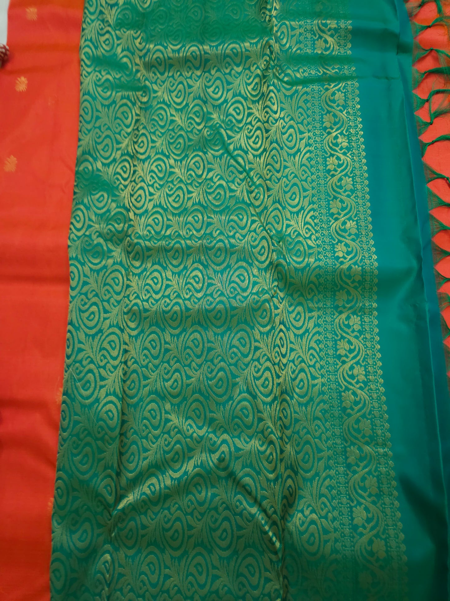 A18- Orange and green small border saree - Majos
