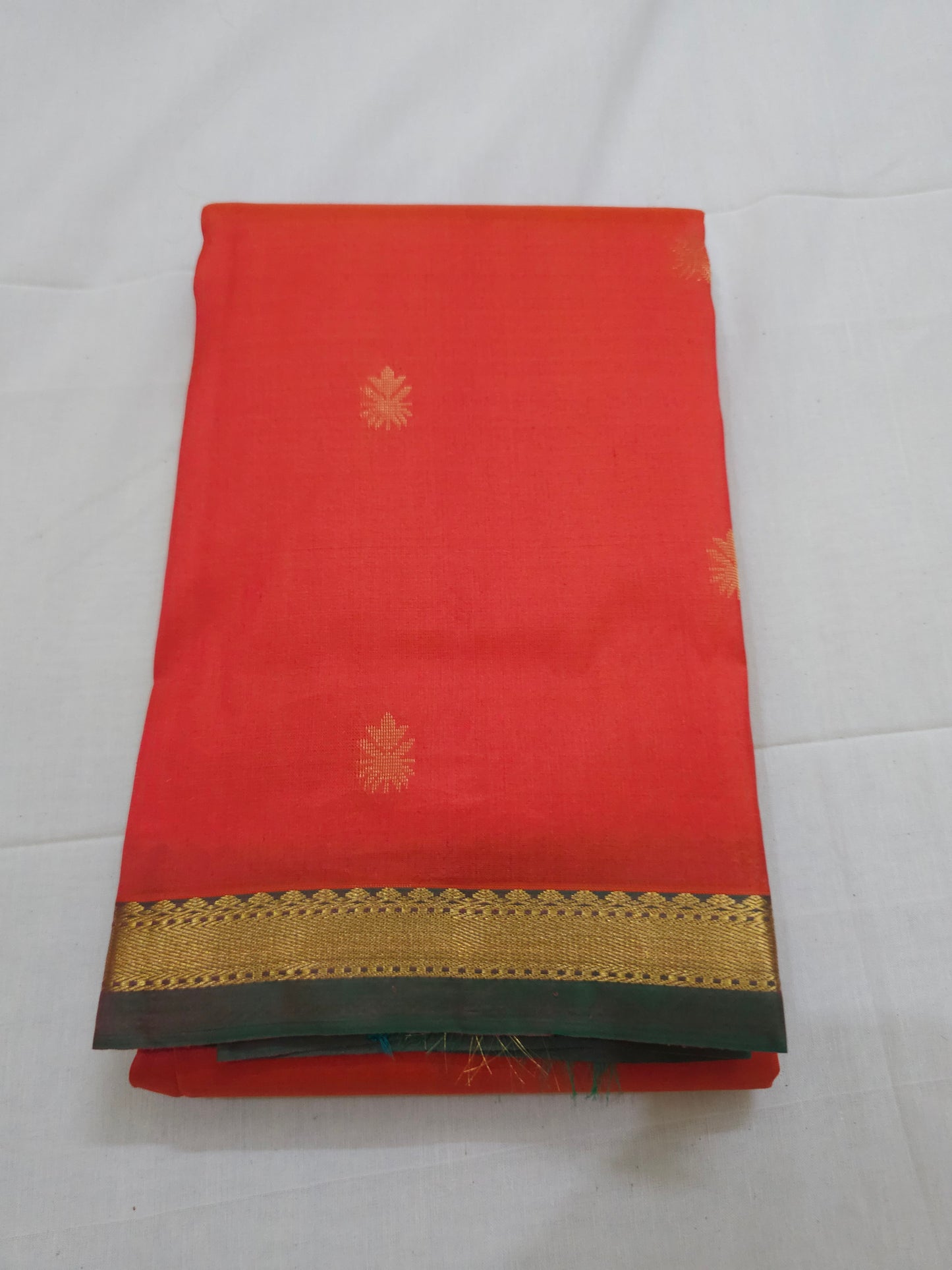A18- Orange and green small border saree - Majos