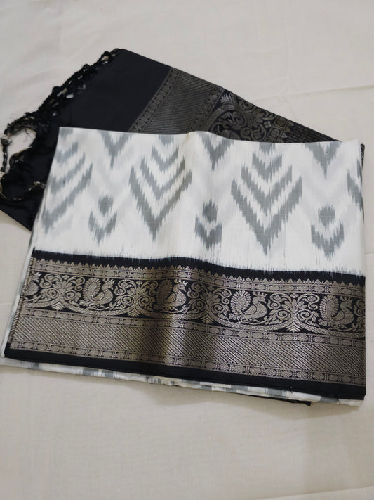 A14- White and Black Pochampally Saree - Majos