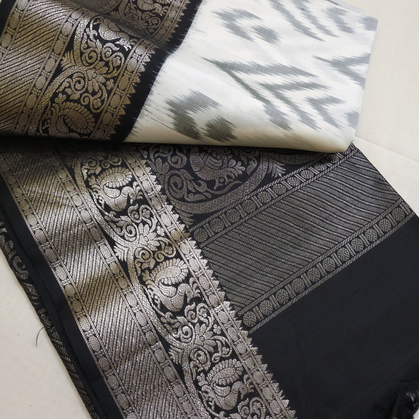 A14- White and Black Pochampally Saree - Majos