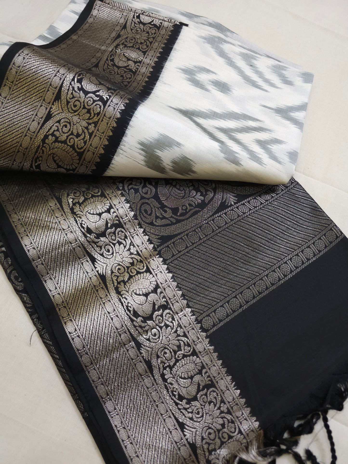 A14- White and Black Pochampally Saree - Majos
