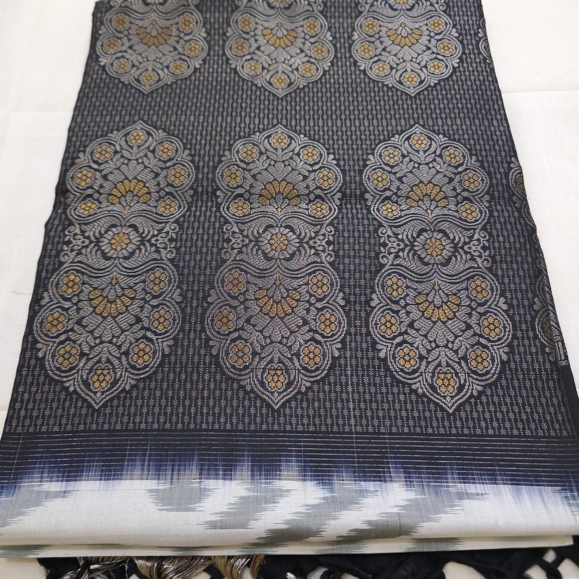 A14- White and Black Pochampally Saree - Majos