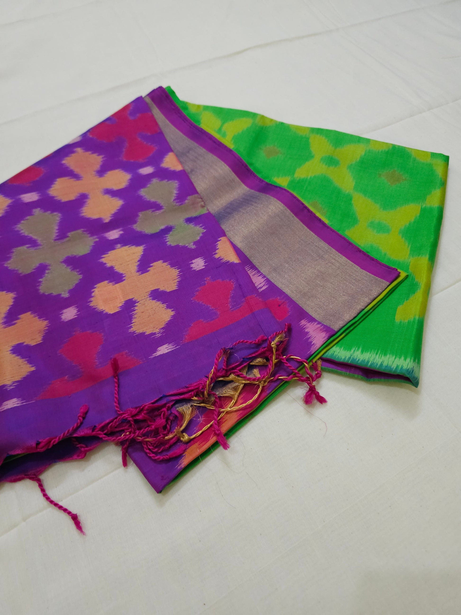 A16- Green and violet Pochampally Ikat saree - Majos