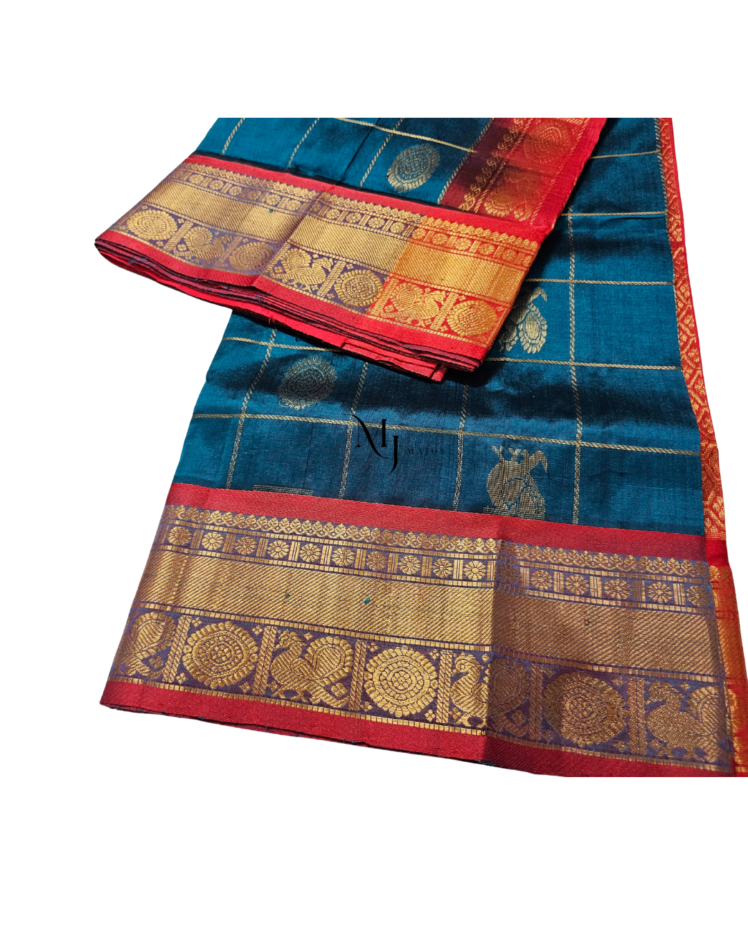 A26- Blue and Red jari kattam Silk Cotton Saree - Majos