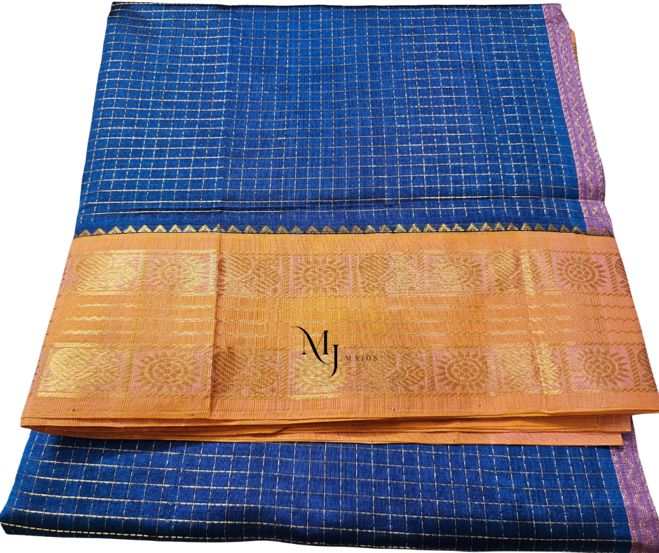 A22- Blue and Peach Silk Cotton Saree - Majos