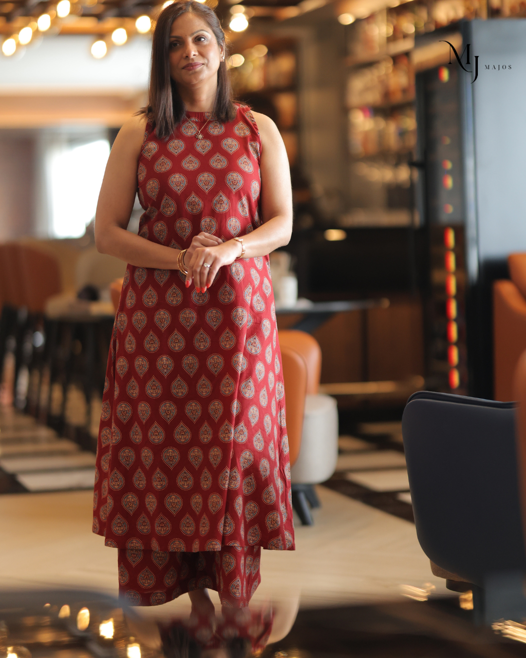 Maroon Red Semi Ajrakh Print Halter neck Co-ord Set
