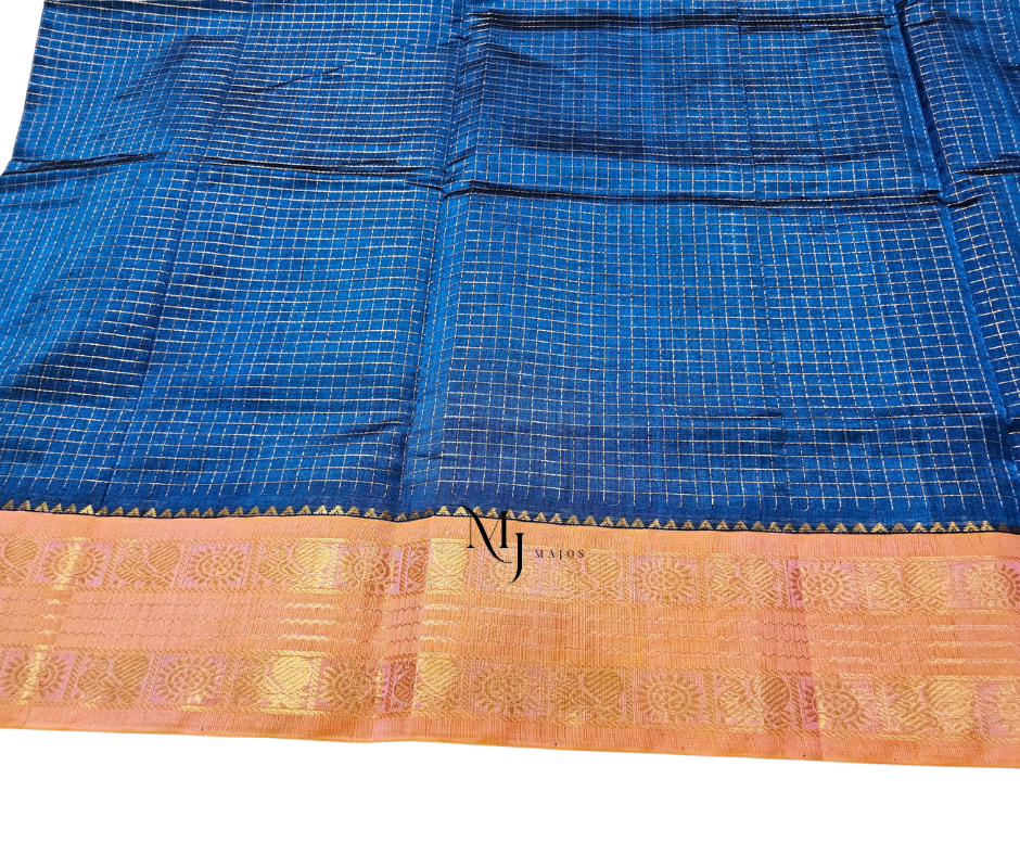 A22- Blue and Peach Silk Cotton Saree - Majos