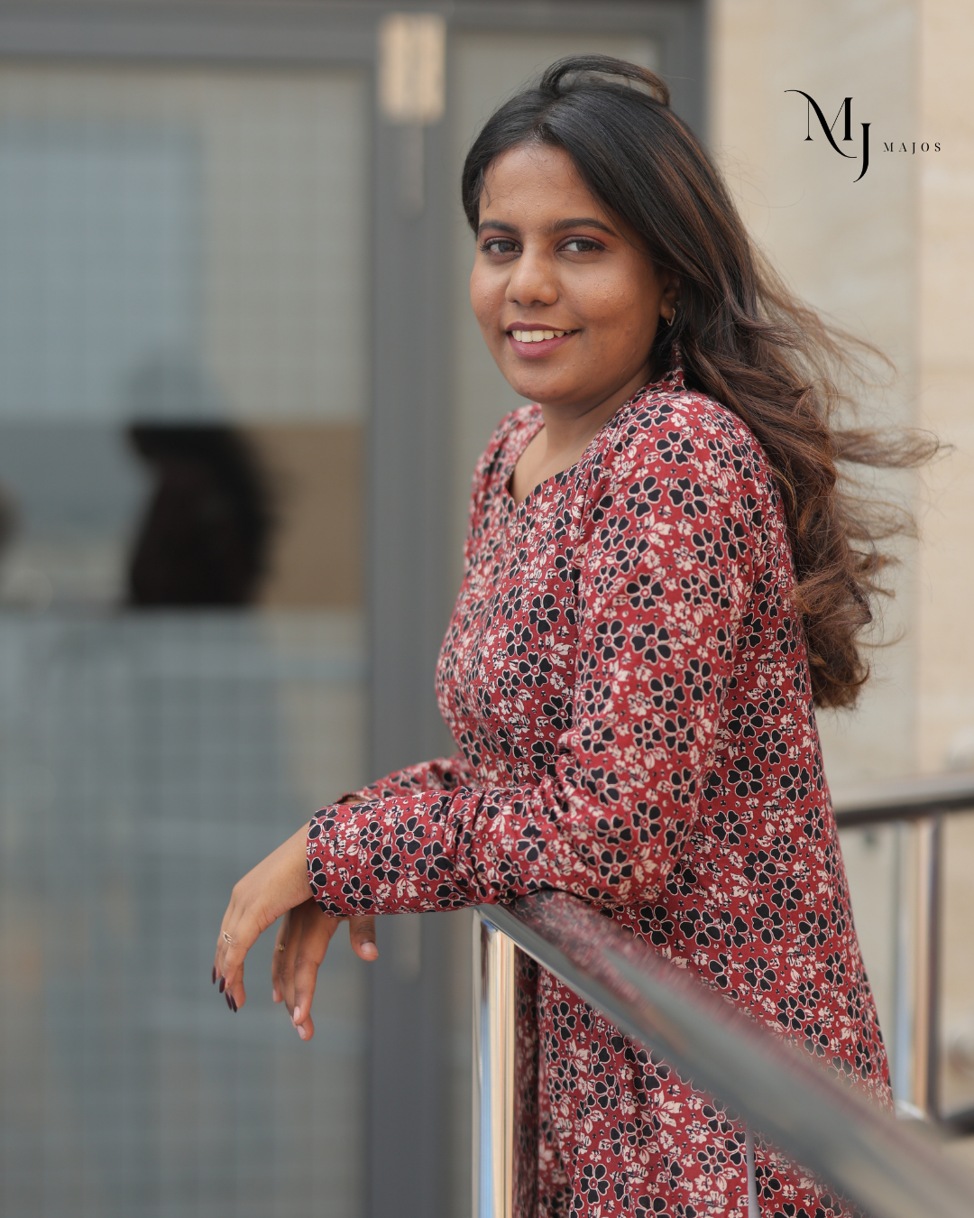 Maroon and Blue Floral Print Pure Cotton- A Line Kurti