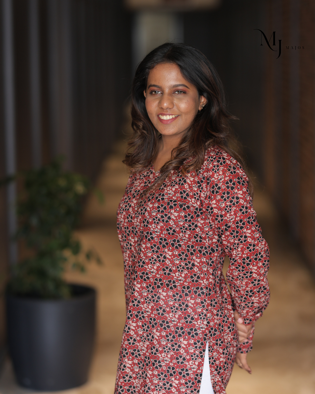 Maroon and Blue Floral Print Pure Cotton- A Line Kurti