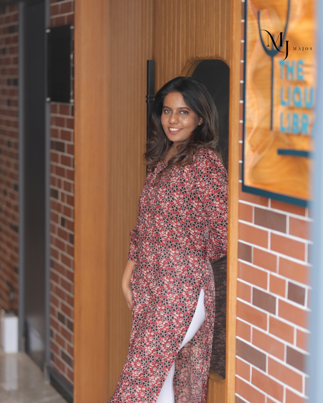 Maroon and Blue Floral Print Pure Cotton- A Line Kurti