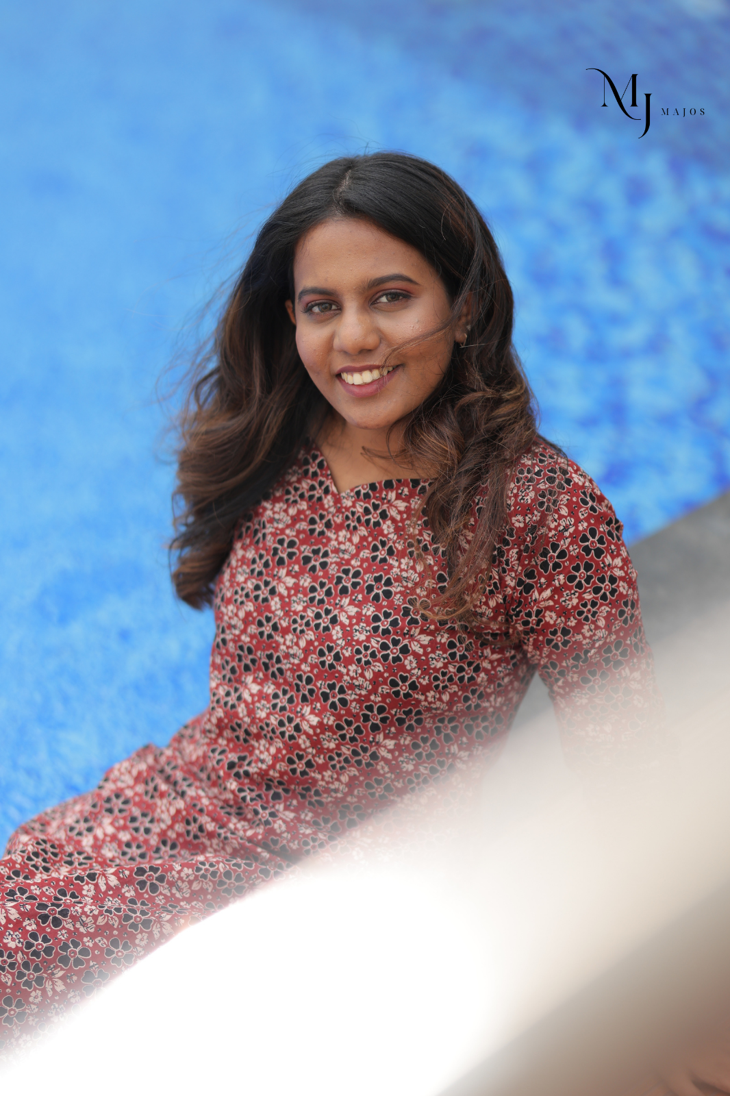 Maroon and Blue Floral Print Pure Cotton- A Line Kurti