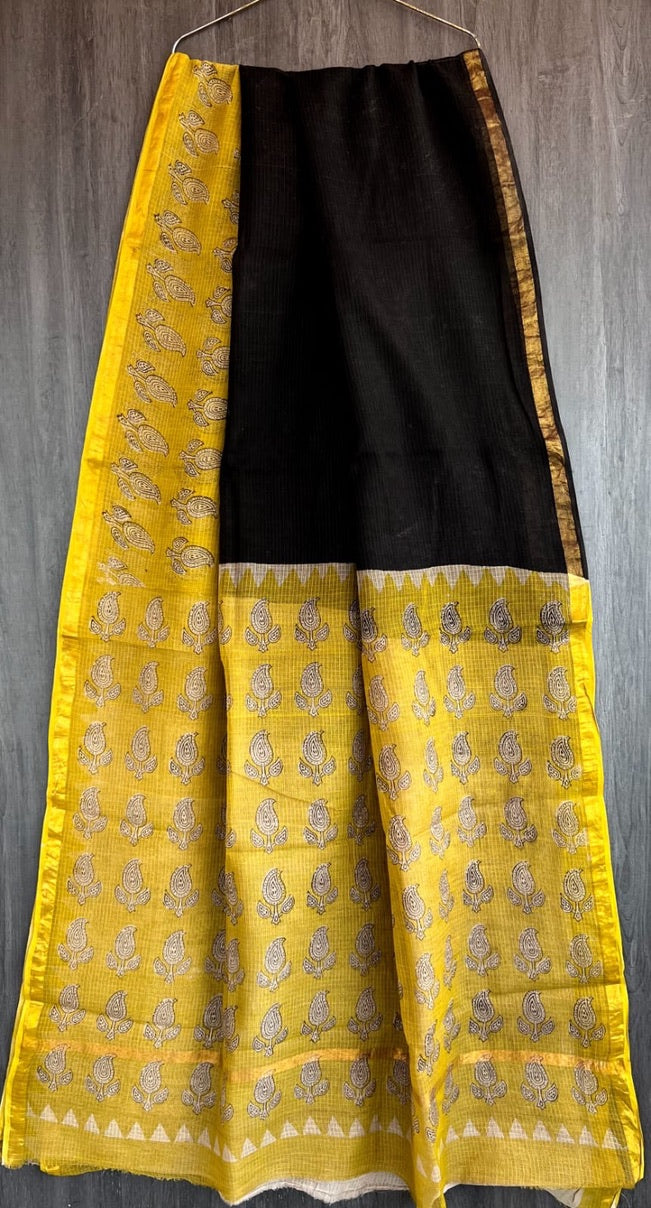 A100- Kota Doria Saree- Black, white and yellow