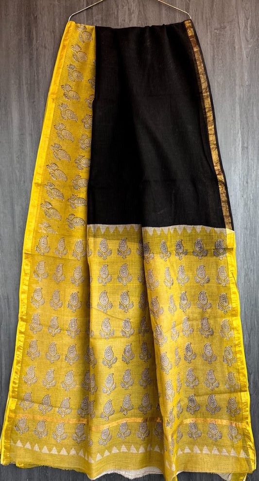 A100- Kota Doria Saree- Black, white and yellow