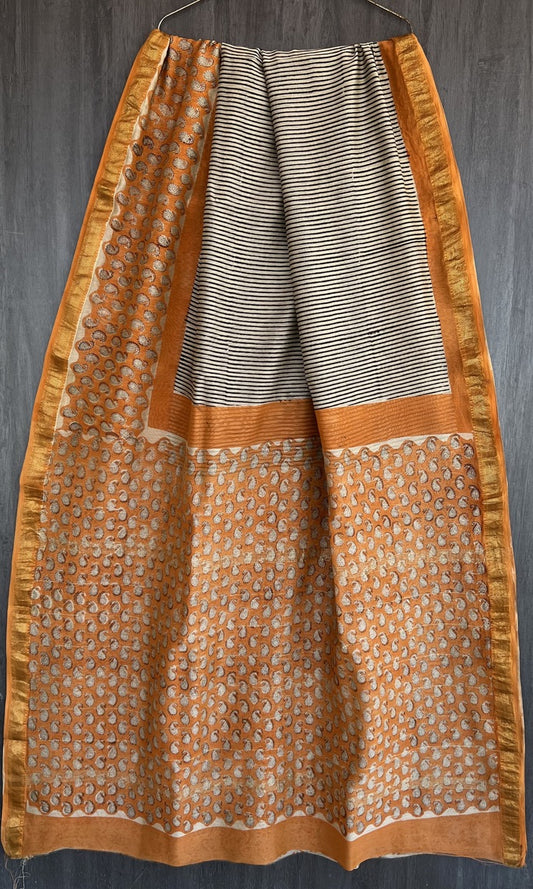 A82- White, black and Orange Maheswari silk saree