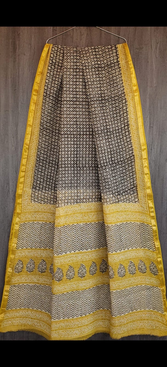 A99- Kota Doria Saree-Black and yellow
