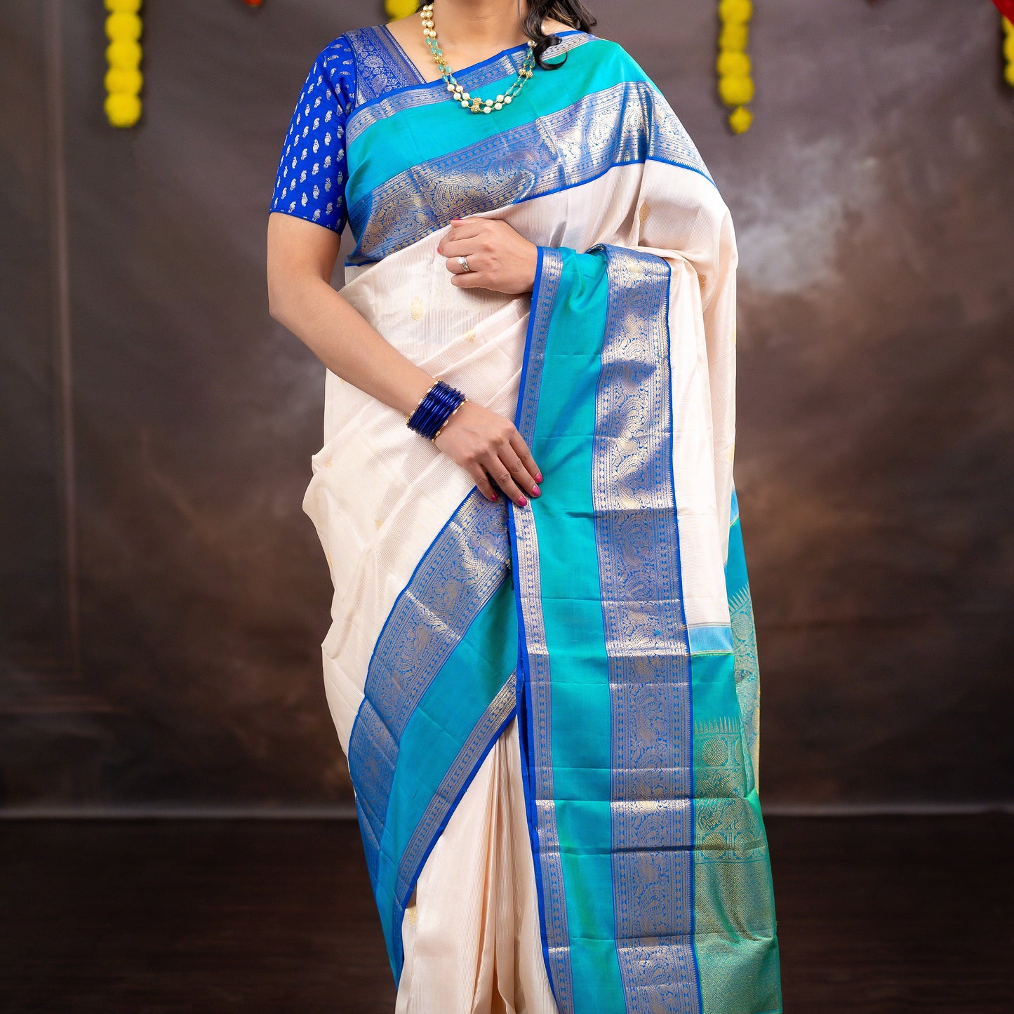 A13- Light baby pink and blue Pure soft silk, pure Jari Kanchipuram silk saree - Majos
