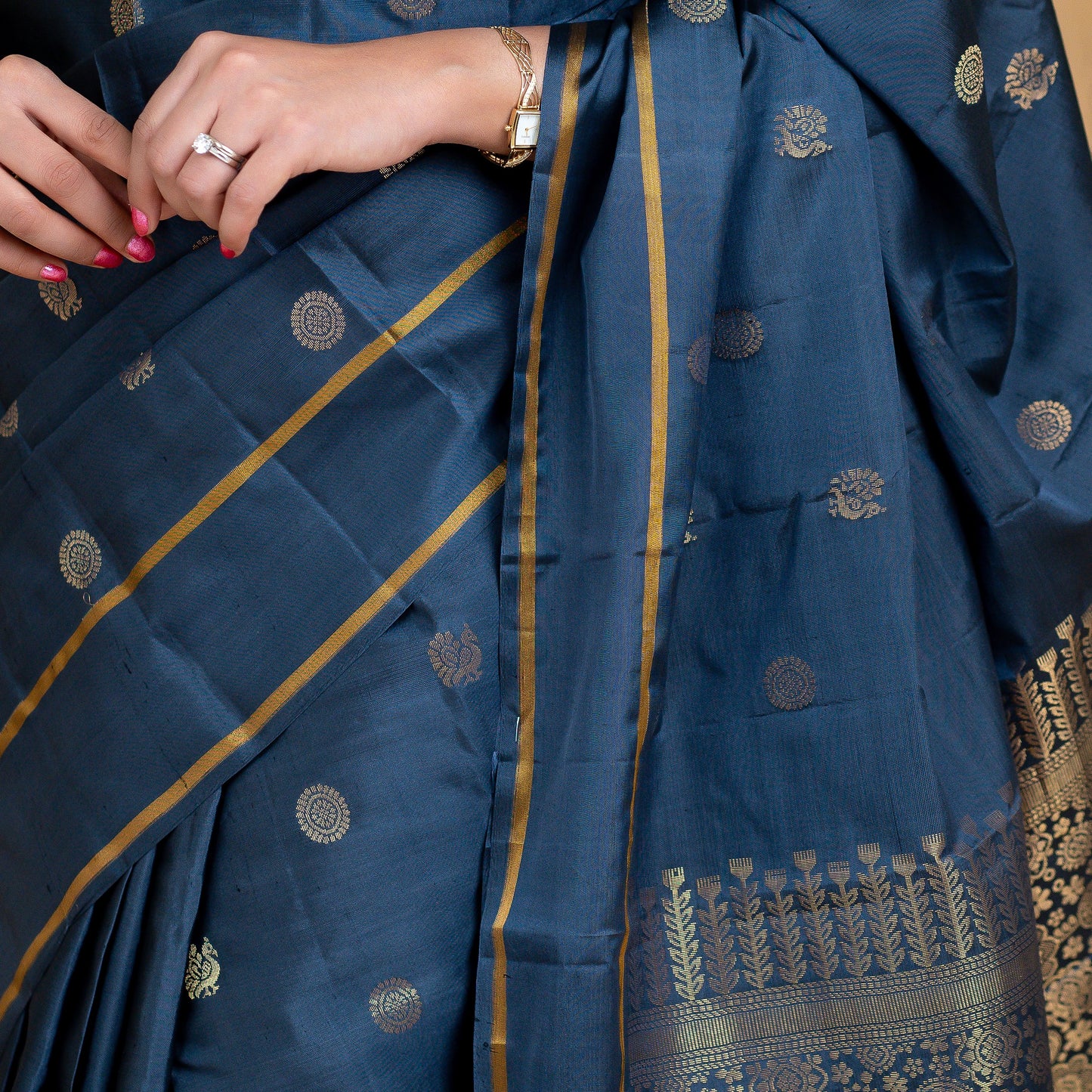 A12- Elephant Grey Butta Pure Soft Silk saree - Majos