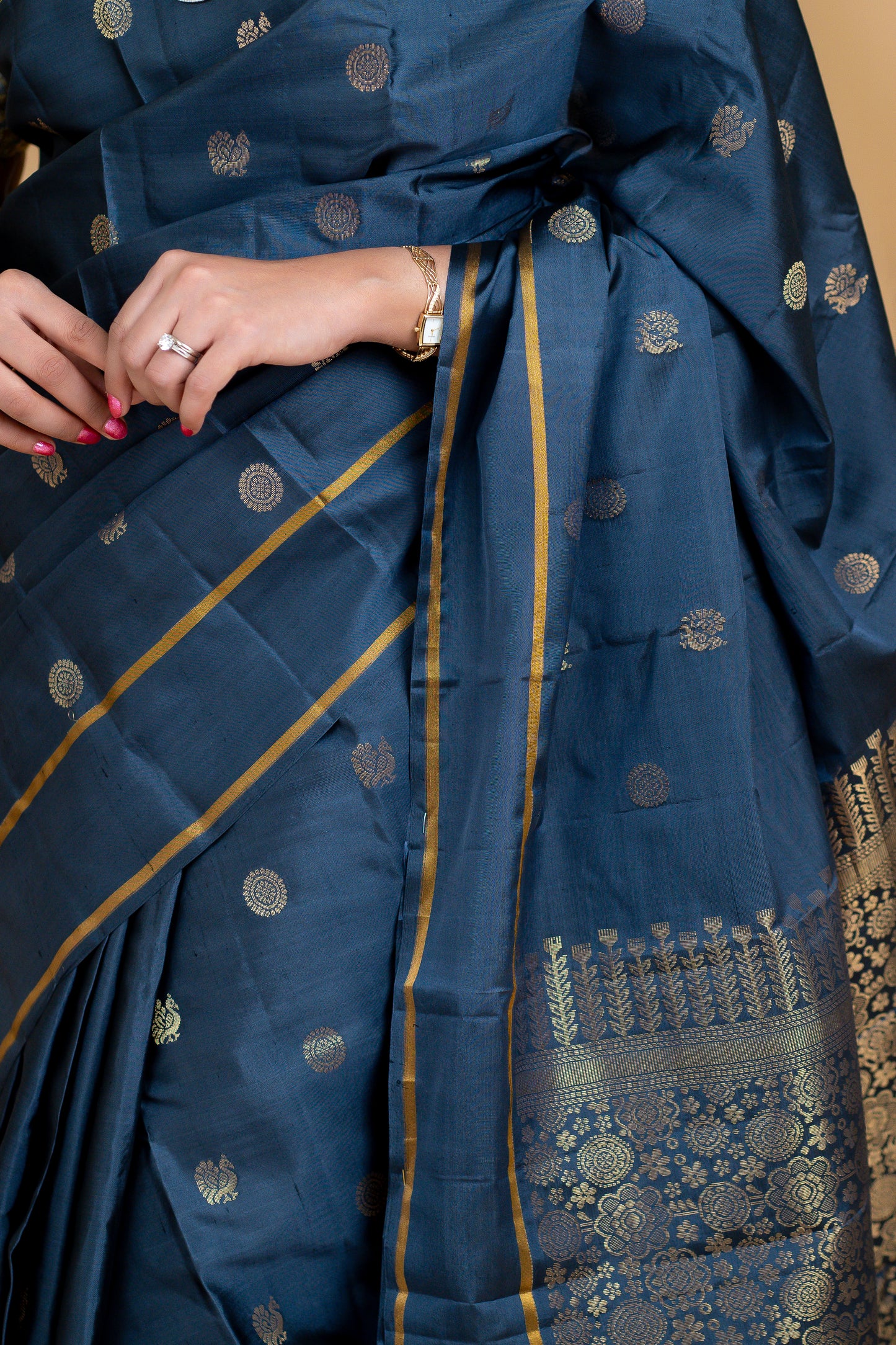 A12- Elephant Grey Butta Pure Soft Silk saree - Majos