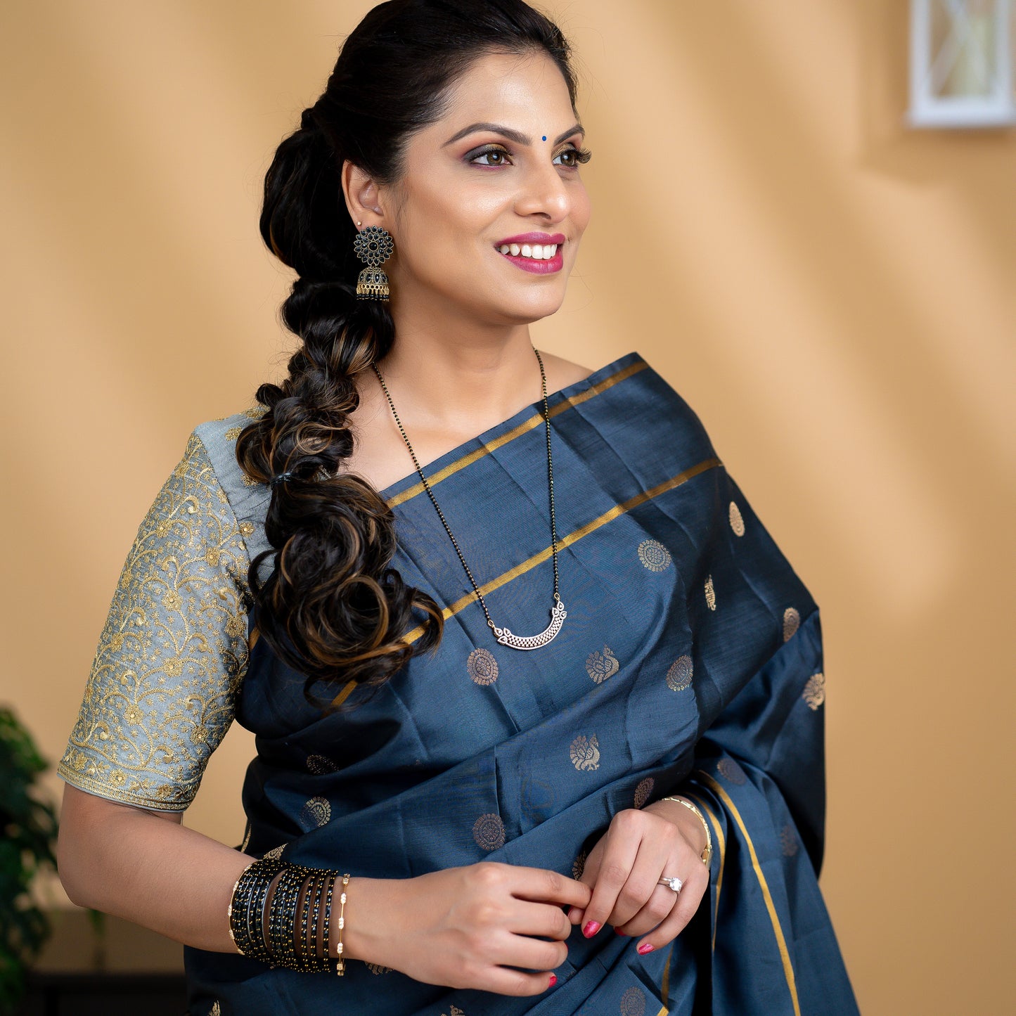 A12- Elephant Grey Butta Pure Soft Silk saree - Majos