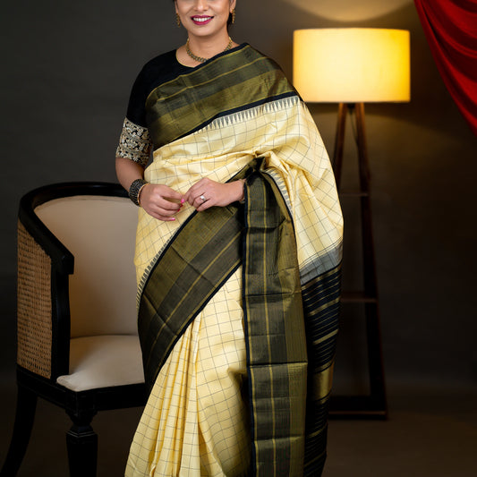 A20- Cream and Black- Contemporary Pure Silk Saree - Majos