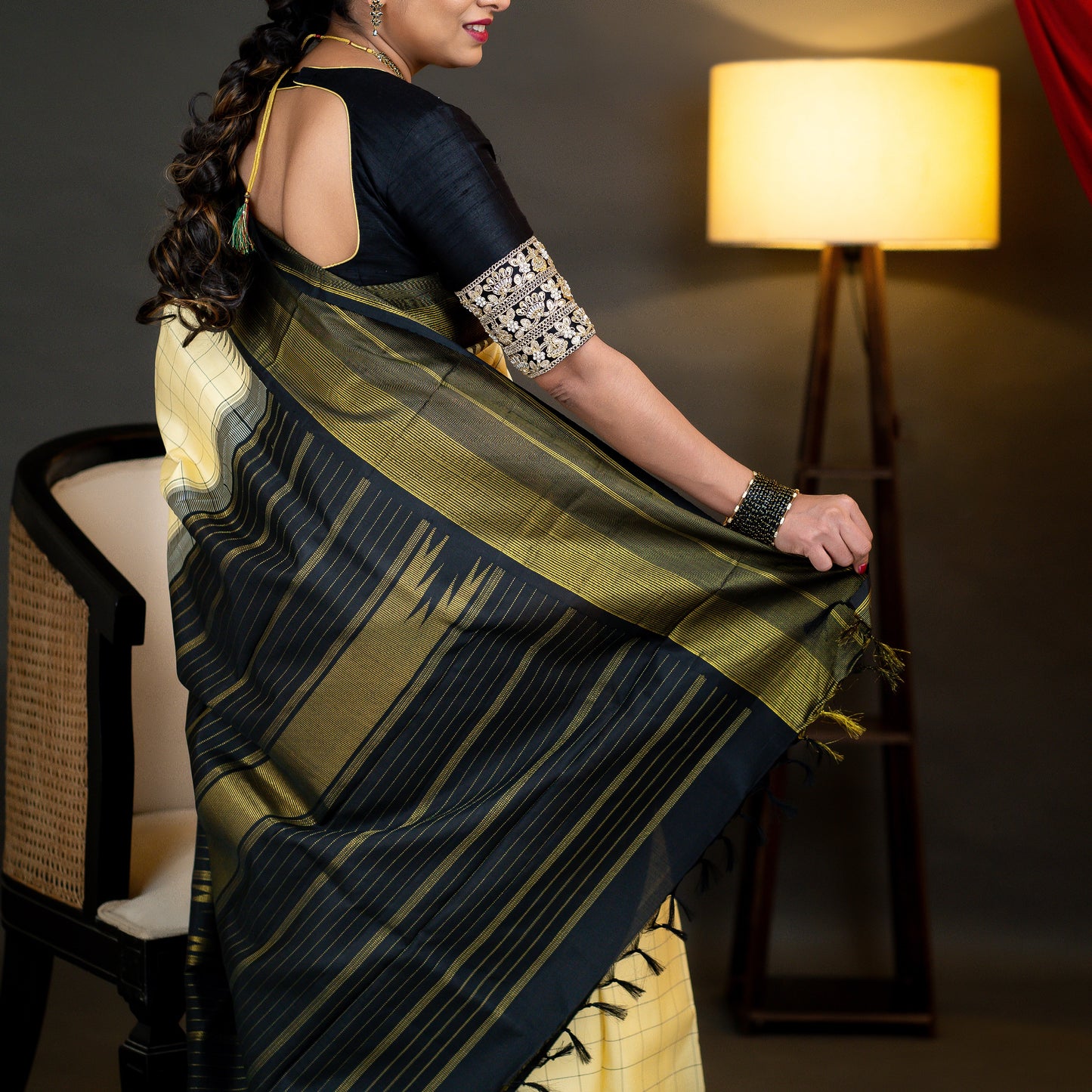 A20- Cream and Black- Contemporary Pure Silk Saree - Majos