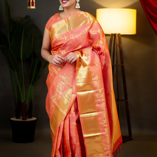 A19- Peach colour pure silk saree - Majos