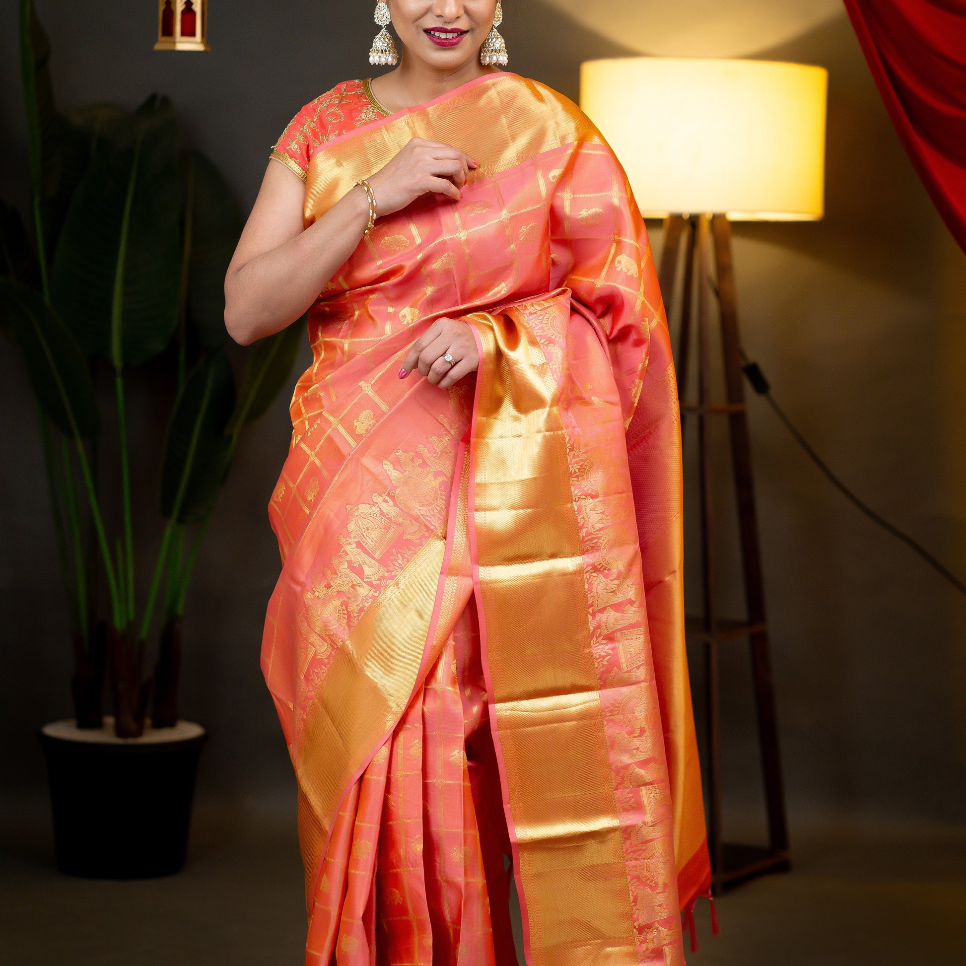 A19- Peach colour pure silk saree - Majos