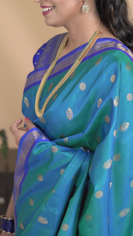 A11- Mayilkazuthu colour body and dark blue getti jari pure silk and Pure Jari border